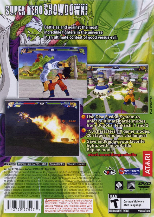 Dragon Ball Z Budokai Tenkaichi 3 PS2 featuring intense 3D fighting gameplay with iconic Dragon Ball characters back cover art