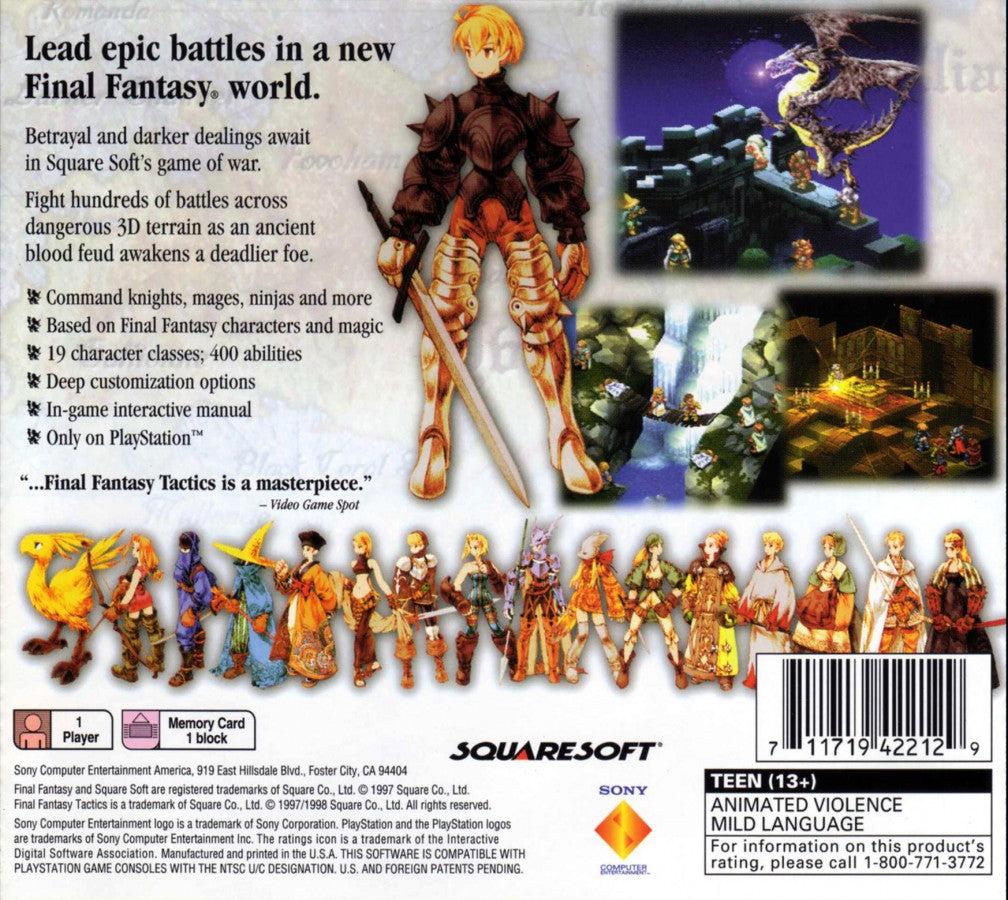 Retro Final Fantasy Tactics PS1 cover art inspired design featuring classic tactical RPG fantasy warfare aesthetic vintage PlayStation strategy game graphics medieval heroes summons grid based battles nostalgic Squaresoft masterpiece iconic JRPG adventure back cover art