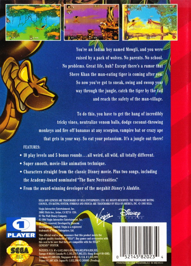 Disney's The Jungle Book back cover art for Sega Genesis (GEN) video