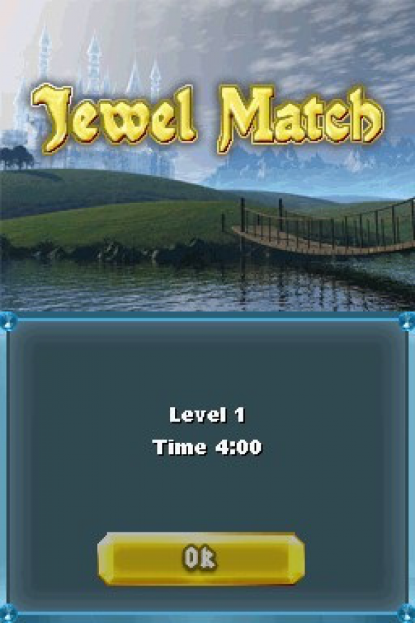 Jewel Match for Nintendo DS, title screen for a match-three puzzle video game with gem matching gameplay, timed challenges, power-ups, and casual brain-teasing fun