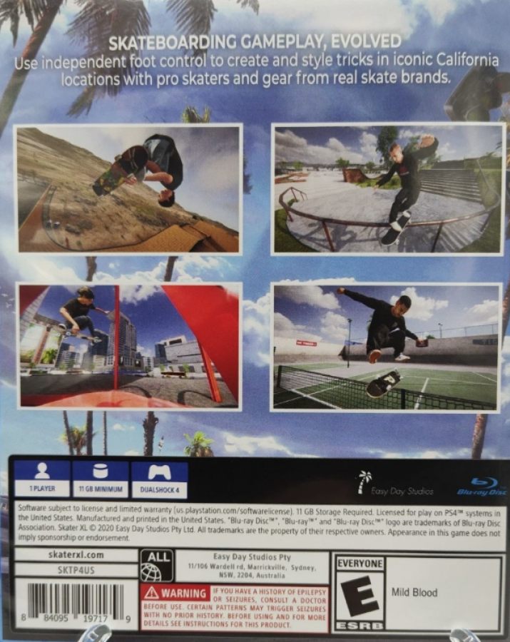 Skater XL – PlayStation 4 (PS4) video game back of case, skateboarding simulation title