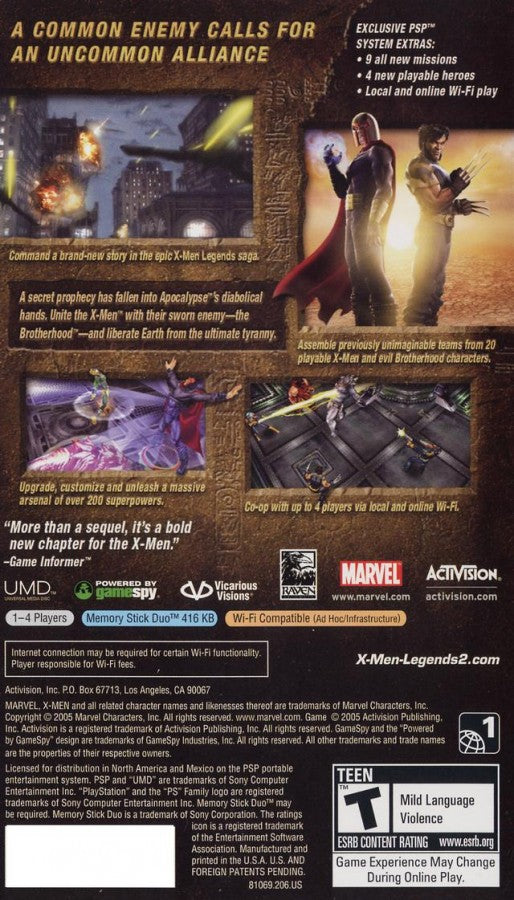 X-Men Legends II: Rise of Apocalypse for PlayStation Portable (PSP) at Gamers INC, featuring the epic action-RPG that unites the X-Men and the Brotherhood of Mutants against the ultimate threat of Apocalypse, allowing you to build a powerful four-player dream team from over 16 playable characters with customizable superpowers, deep RPG progression, and handheld-exclusive content for mutant mayhem on the go back cover