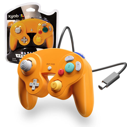 XYAB brand orange Nintendo GameCube wired controller retro gaming accessory