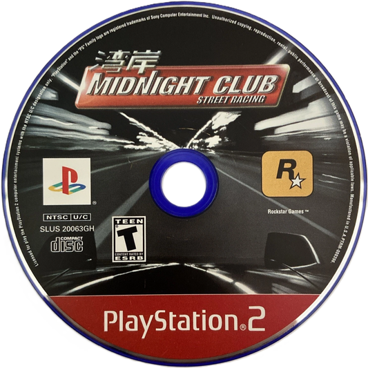 Midnight Club Street Racing disc art for PlayStation 2 (PS2) featuring underground street racing through New York and London with customizable cars and fast arcade action.