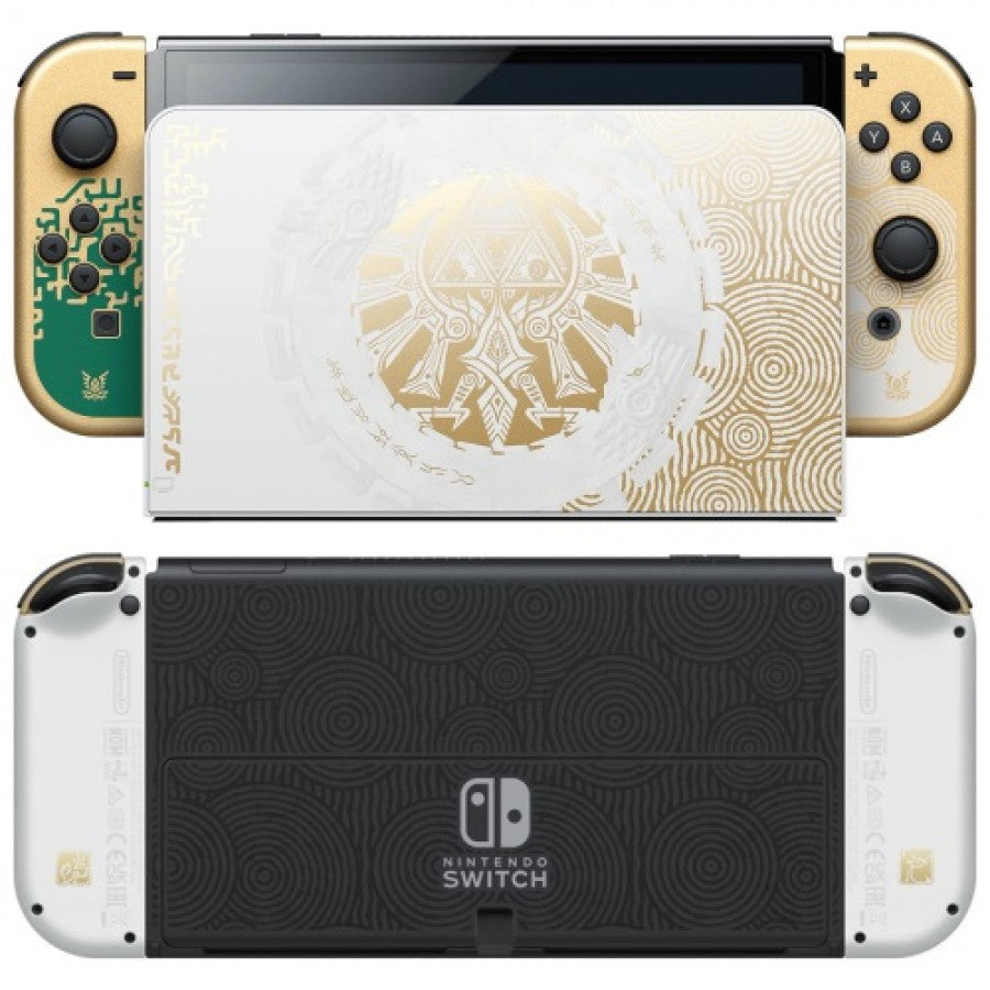 The Legend of Zelda Tears of the Kingdom Nintendo Switch OLED featuring themed gold and green design with vibrant display front and back of console
