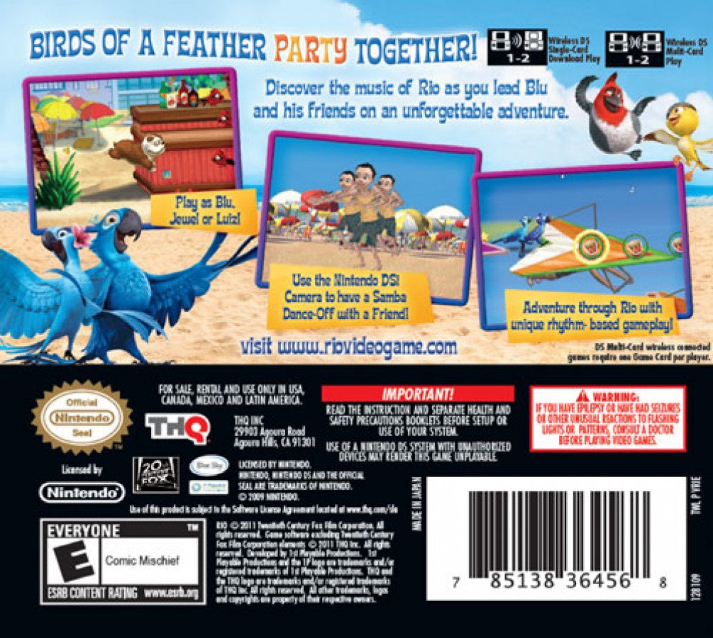 Rio Nintendo DS movie tie in party game mini games Rio animated film Blue macaw adventure casual gameplay touch screen stylus controls Nintendo DS software video game title gameplay
