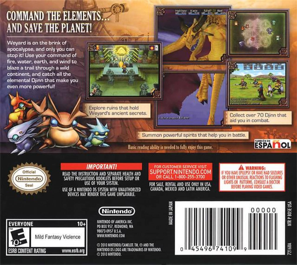 Golden Sun: Dark Dawn back of case for Nintendo DS (DS) fantasy JRPG adventure video game