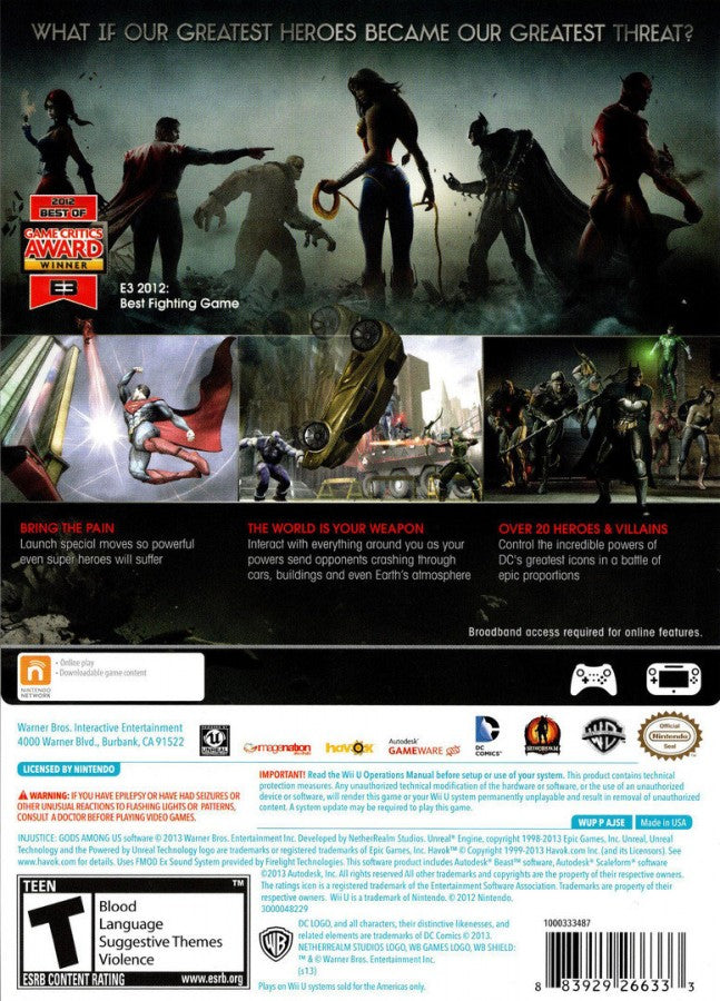 Injustice Gods Among Us back cover art for Nintendo Wii U WiiU video game