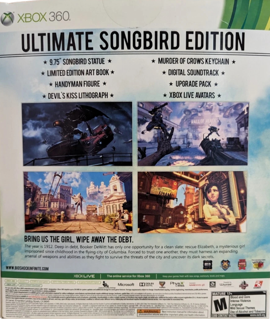 BioShock Infinite Ultimate Songbird Edition Xbox 360 inspired design featuring steampunk sci fi action adventure aesthetic floating city exploration alternate history storytelling powerful Songbird guardian cinematic combat immersive first person gameplay collector edition presentation big box back