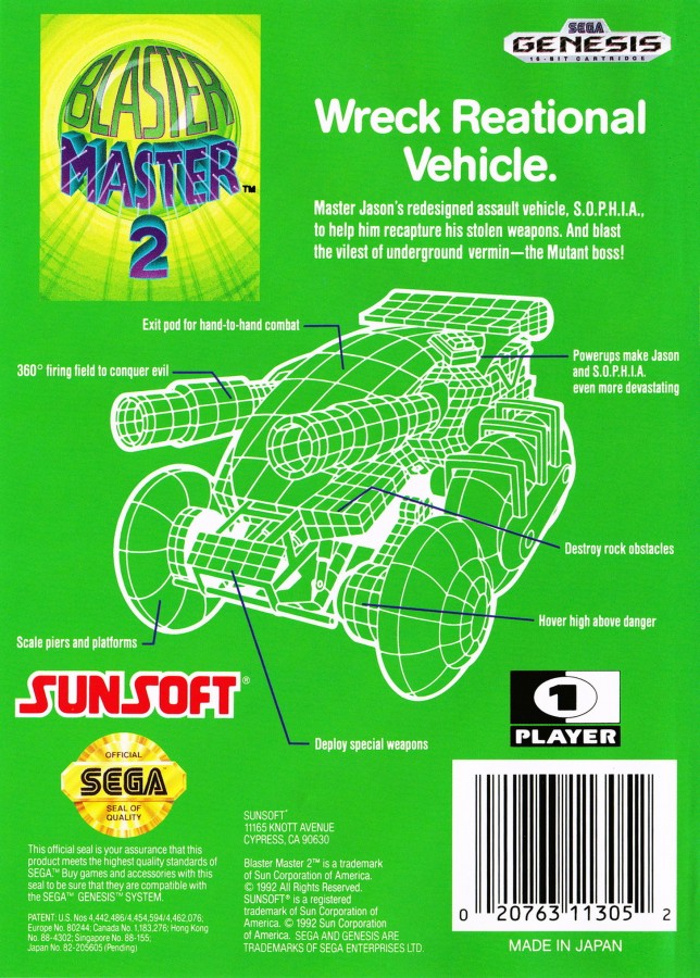 Blaster Master 2 Sega Genesis GEN for retro video game enthusiasts featuring action platforming gameplay side scrolling combat vehicle exploration powerful weapon upgrades sci fi adventure challenging boss battles and collectible gaming appeal back art
