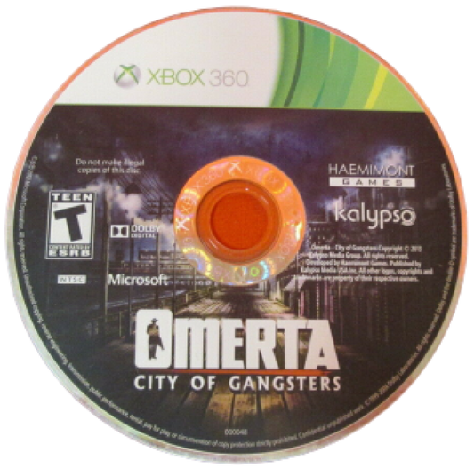 Omerta City of Gangsters Xbox 360 video game, strategy simulation, turn-based combat, mafia crime management, classic console title disc
