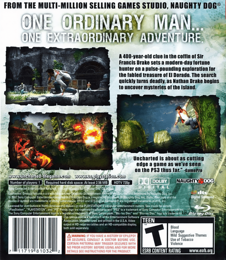 Uncharted: Drake's Fortune for PlayStation 3 (PS3) at Gamers INC, featuring an action-packed cinematic adventure with Nathan Drake as he hunts for the lost treasure of El Dorado in a thrilling blend of exploration and intense gunplay back cover