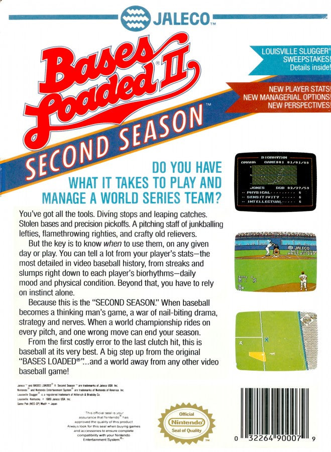 Bases Loaded II Nintendo Entertainment System NES for retro video game enthusiasts featuring classic baseball simulation gameplay arcade style sports action pitching and batting mechanics team management modes competitive match play and collectible gaming appeal back art