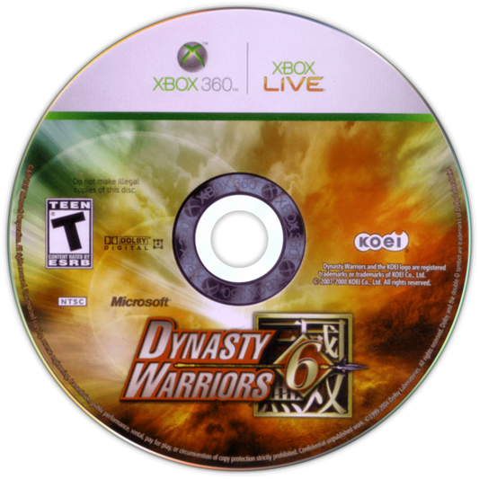 Dynasty Warriors 6 Xbox 360 game featuring large scale hack and slash combat historical Three Kingdoms storyline playable officers Musou attacks open battlefield maps and fast paced action gameplay by Koei disc