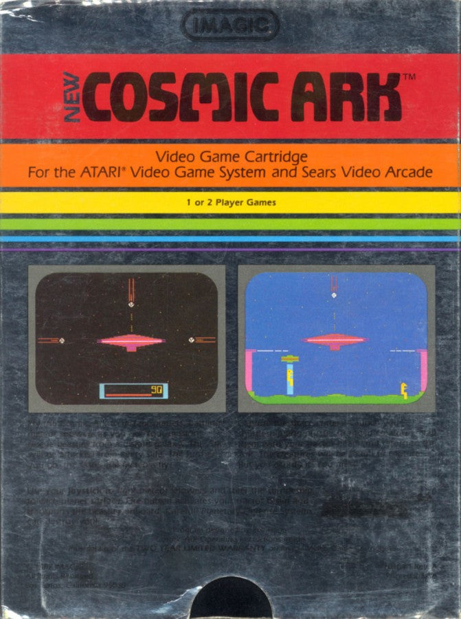Cosmic Ark retro Atari 2600 video game featuring space shooter gameplay, alien combat missions, sci fi arcade action and classic Atari entertainment - back of case
