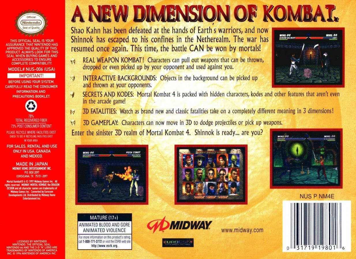 Mortal Kombat 4 Nintendo 64 N64 for fighting video game fans featuring classic Mortal Kombat characters intense 3D combat special moves finishing moves weapon attacks brutal battles multiple arenas and classic Nintendo 64 gameplay collectible retro gaming appeal back cover art