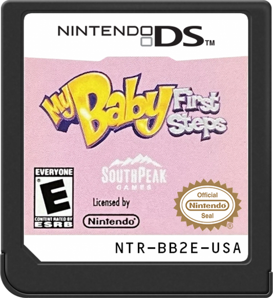 My Baby First Steps for Nintendo DS (DS), cartridge for a retro video game featuring baby care simulation gameplay, nurturing activities, mini-games, child development challenges, and family-friendly interactive play