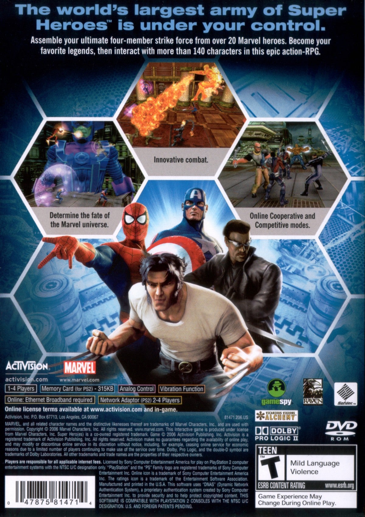 Marvel Ultimate Alliance PS2 Sony PlayStation 2 action RPG beat em up superhero team based combat Marvel characters roster customization cooperative multiplayer dungeon crawler story missions Diablo style gameplay retro gaming PlayStation 2 software video game title back cover art