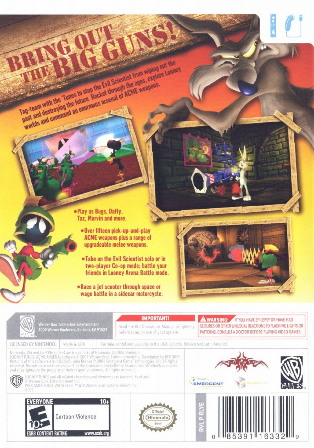 Looney Tunes Acme Arsenal Nintendo Wii for action adventure video game fans featuring classic Looney Tunes characters fast paced platforming combat time travel storyline motion controls cooperative multiplayer colorful cartoon action family friendly gameplay collectible gaming appeal front cover back cover