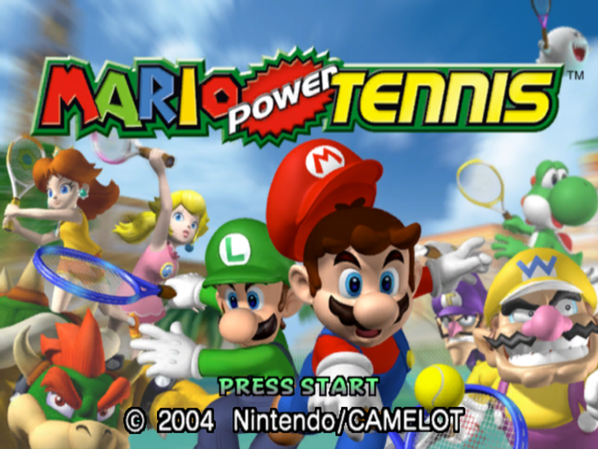 Mario Power Tennis start screen for GameCube (GC) sports tennis video game