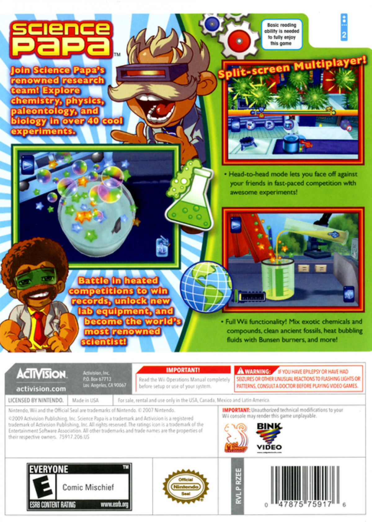 Science Papa – Nintendo Wii (Wii) science-themed puzzle simulation video game back of case