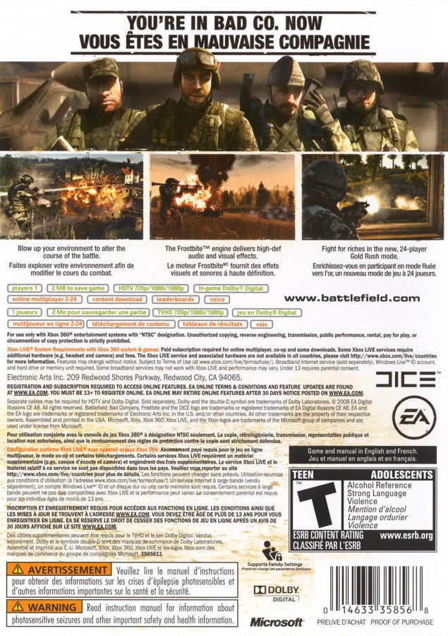 Battlefield Bad Company Platinum Hits for Xbox 360 first person shooter video game featuring destructible environments modern military combat humorous campaign and large scale multiplayer warfare experience back cover art