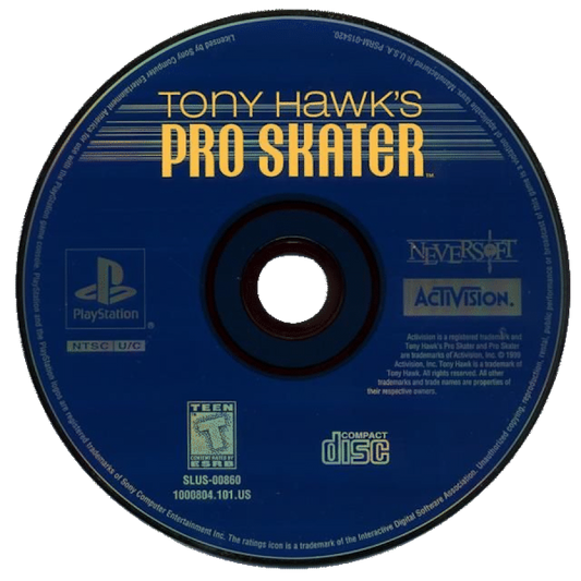 Tony Hawk’s Pro Skater disc art for PlayStation 1 (PS1) video game, skateboarding sports action, trick-based gameplay, classic extreme sports title