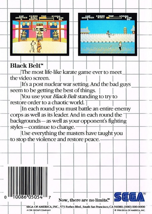 Black Belt Sega Master System SMS for martial arts action video game fans featuring side scrolling fighting gameplay karate combat enemy encounters challenging stages powerful attacks boss battles Japanese inspired environments and classic Sega Master System gameplay collectible retro gaming appeal back cover art