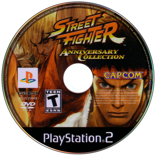 Street Fighter Anniversary Collection – PlayStation 2 (PS2) video game disc, 2D and 3D fighting game compilation.
