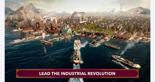 Anno 1800 Console Edition gameplay image for PlayStation 5 (PS5) strategy and city-building video game showing industrial era ships and city skyline