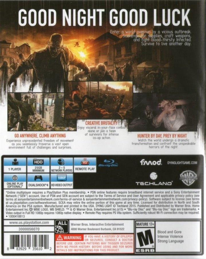 Dying Light – PlayStation 4 (PS4) video game back of case, action survival horror by Techland