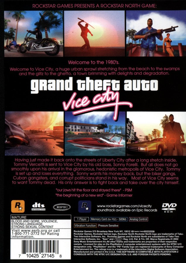 Grand Theft Auto Vice City Greatest Hits back cover art for PlayStation 2 (PS2) video game
