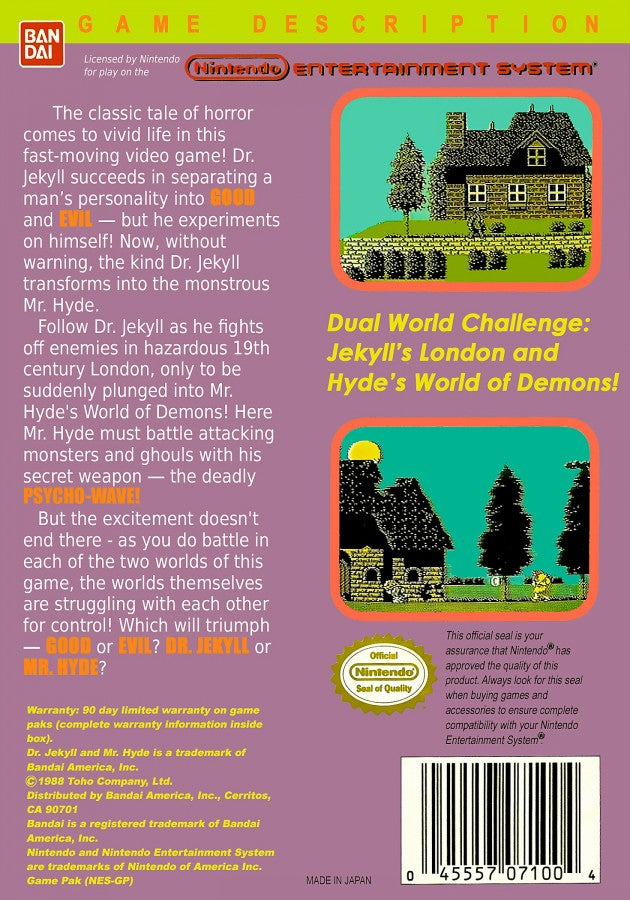 Dr Jekyll and Mr Hyde Complete in Box CIB Nintendo Entertainment System NES for retro video game enthusiasts featuring action adventure gameplay dual character mechanics Victorian era setting side scrolling challenges classic horror inspired adventure complete in box collectible gaming appeal back cover