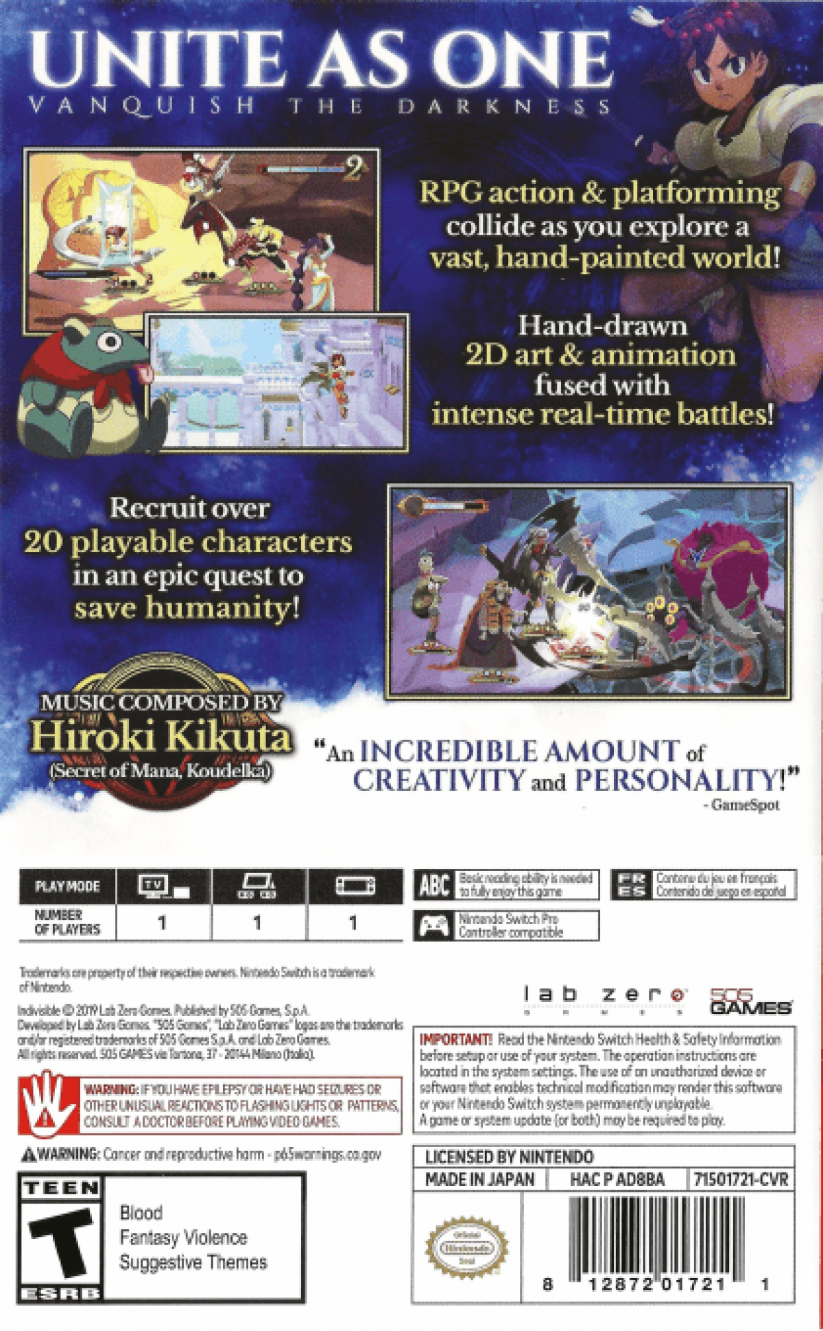 Indivisible back cover art for Nintendo Switch (NS) video game