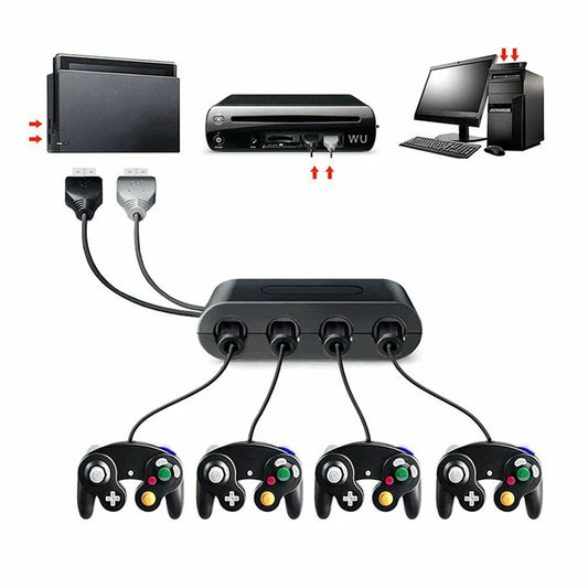 XYAB brand GameCube controller adapter compatible with PC, Wii U, and Nintendo Switch for connecting GameCube controllers to modern systems