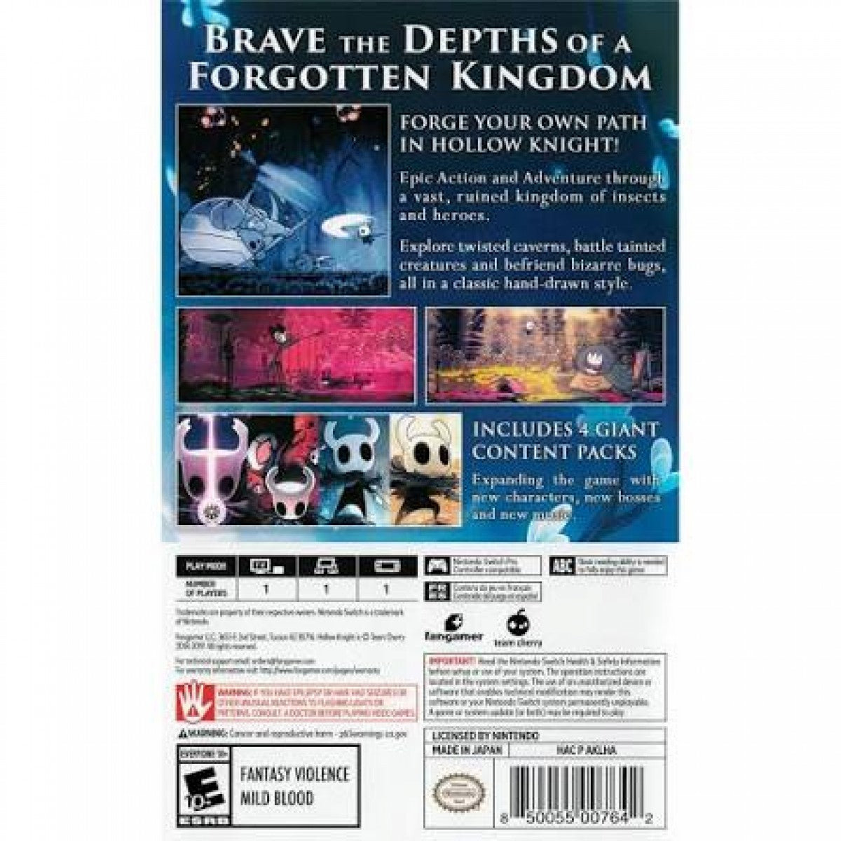 Hollow Knight Nintendo Switch NS for action adventure Metroidvania video game fans featuring challenging platforming atmospheric exploration hand drawn environments insect characters intense combat difficult bosses ability upgrades hidden areas and immersive fantasy storytelling collectible gaming appeal back cover art