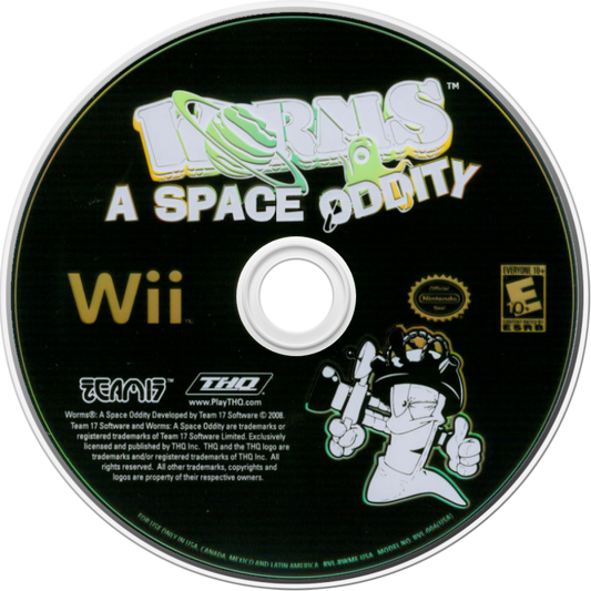 Worms: A Space Oddity disc art for Nintendo Wii (Wii) featuring turn‑based artillery combat with quirky worm characters, new space‑themed weapons, and destructible intergalactic battlefields