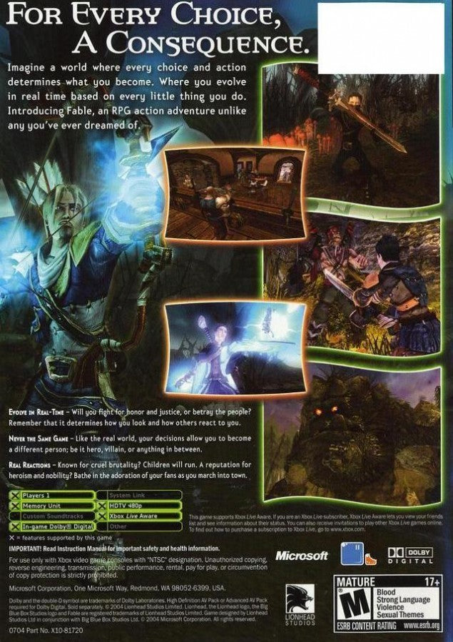 Game back box cover art for 'Fable' on the original xbox with character images and text about the game's choices and consequences.