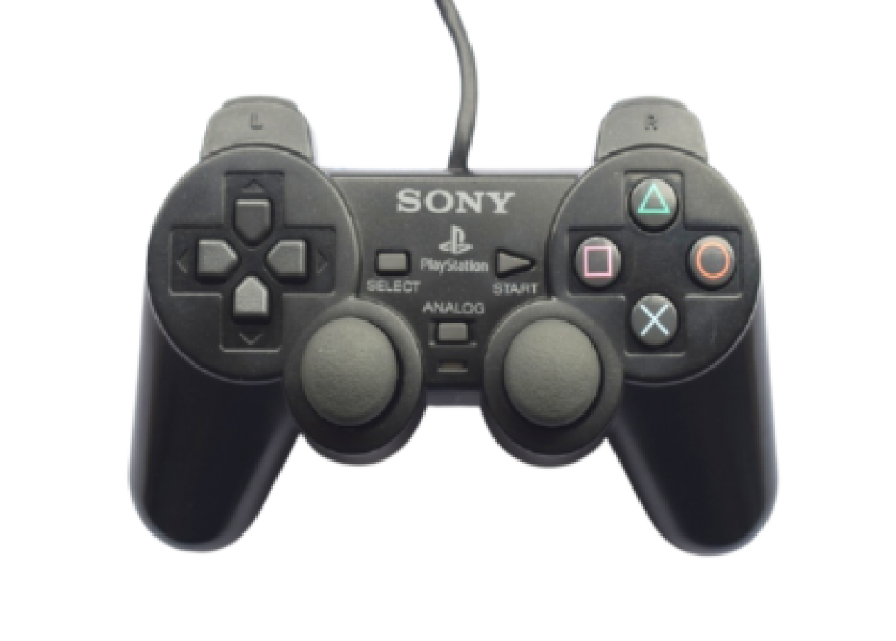 Official Sony DualShock 2 wired controller for PlayStation 2 featuring analog sticks, directional pad, four action buttons, and dual shoulder buttons