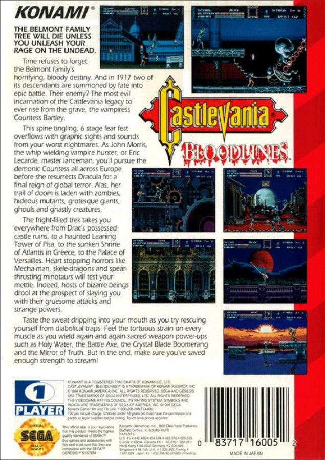 Castlevania: Bloodlines back cover art for Sega Genesis (GEN) video game