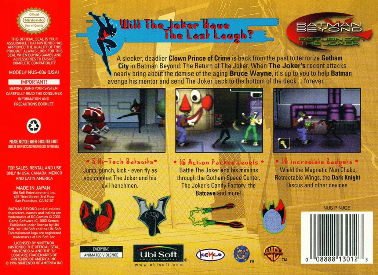Batman Beyond Return of the Joker cartridge for the Nintendo 64 featuring action beat em up gameplay with side scrolling combat as Batman battles Joker and enemies across futuristic Gotham City back cover art
