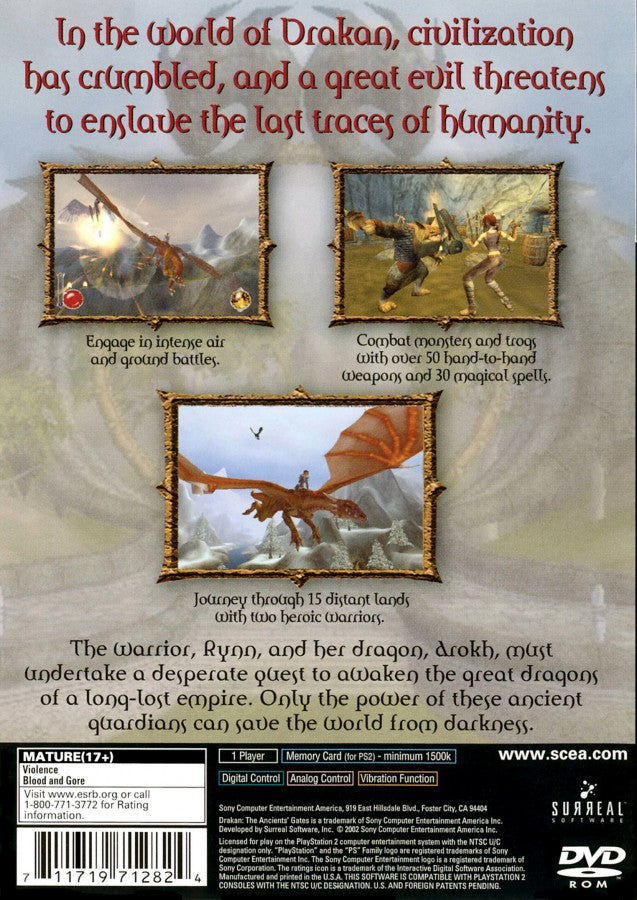 Drakan The Ancients' Gates PlayStation 2 PS2 for action adventure video game fans featuring fantasy exploration dragon riding aerial combat hack and slash battles magical abilities puzzle solving epic quests immersive storytelling expansive worlds collectible gaming appeal back cover art