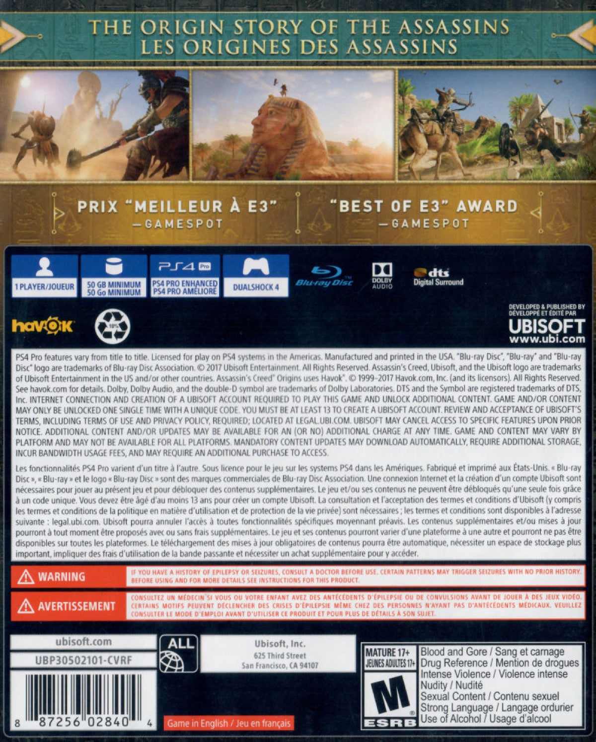 Assassin's Creed Origins back cover art for Playstation 4 (PS4) video game
