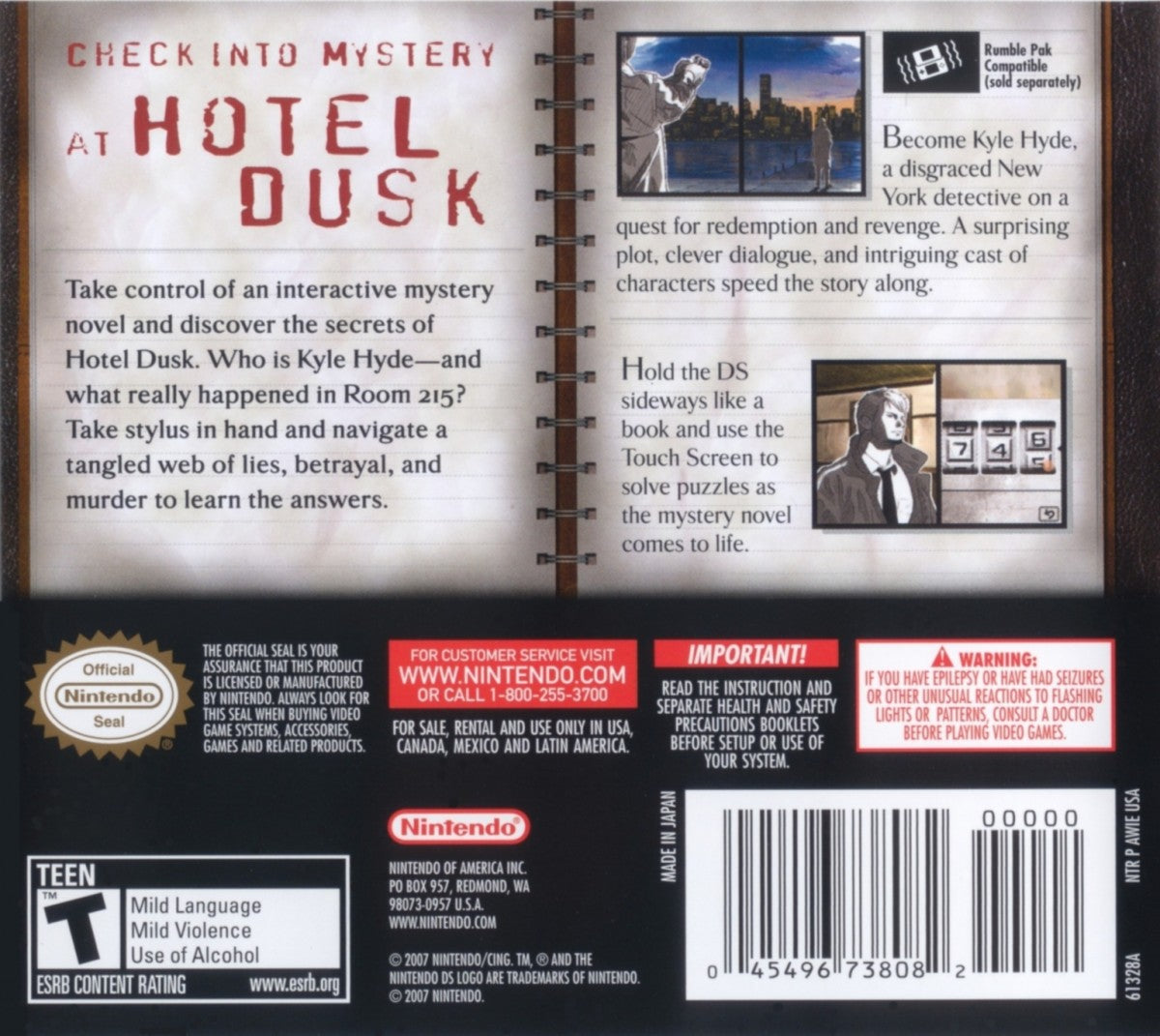 Hotel Dusk Room 215 Nintendo DS for adventure video game fans featuring interactive mystery storytelling puzzle solving touch screen gameplay noir inspired visuals memorable characters detective investigation immersive narrative handheld adventure collectible gaming appeal back cover art
