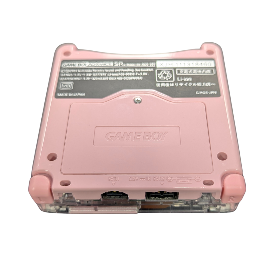 Game Boy Advance SP GBA SP handheld console custom pink shell replacement clamshell design backlit screen rechargeable battery Nintendo portable retro gaming back bottom
