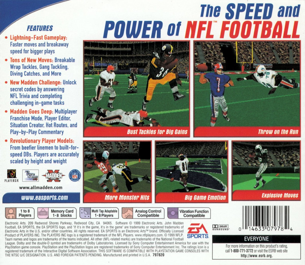 Madden NFL 2000 PlayStation 1 PS1 video game, American football sports simulation, classic Madden gameplay, franchise and multiplayer modes back cover