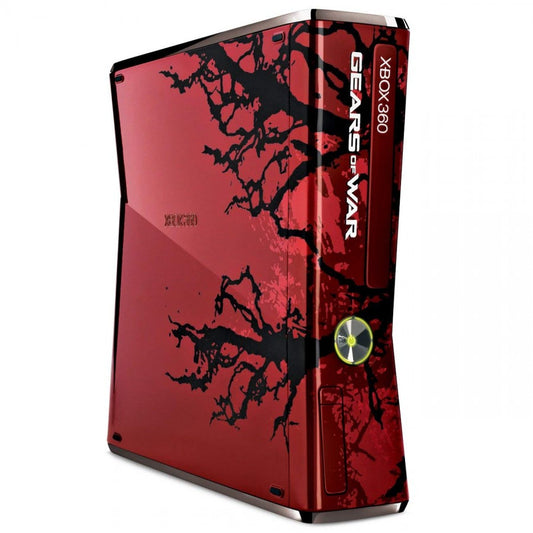 Retro Xbox 360 Gears of War Edition inspired design featuring limited edition Microsoft gaming console aesthetic custom red hardware battle worn graphics iconic sci fi shooter theme collectible HD era gaming system nostalgic console presentation console vertical