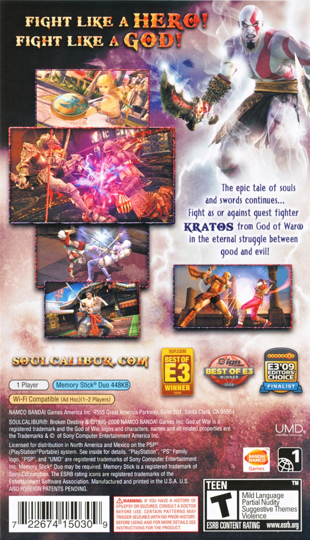 SoulCalibur: Broken Destiny for PlayStation Portable (PSP) at Gamers INC, featuring the premier handheld entry in the legendary weapon-based fighting series that brings the fluid 8-way run system and deep character customization of SoulCalibur IV to the PSP, including over 20 iconic warriors—plus the exclusive guest appearance of God of War’s Kratos—for intense, high-fidelity duels anywhere you go back cover