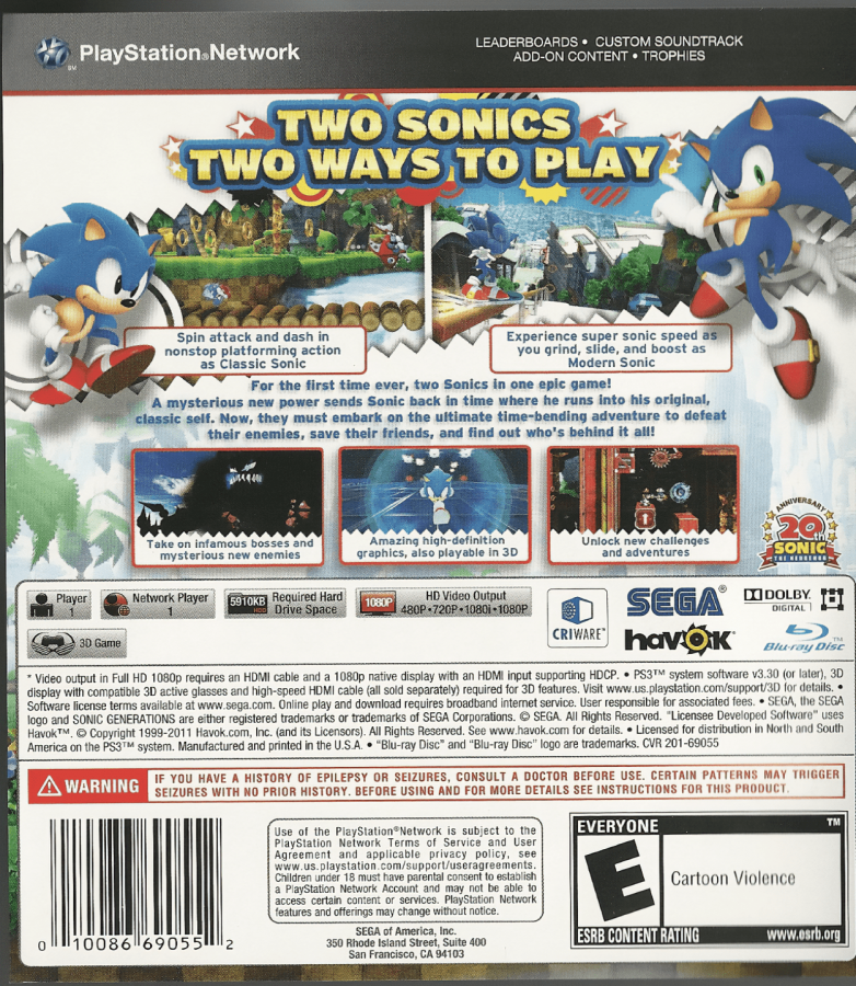 Sonic Generations back cover art for PlayStation 3 (PS3) video game