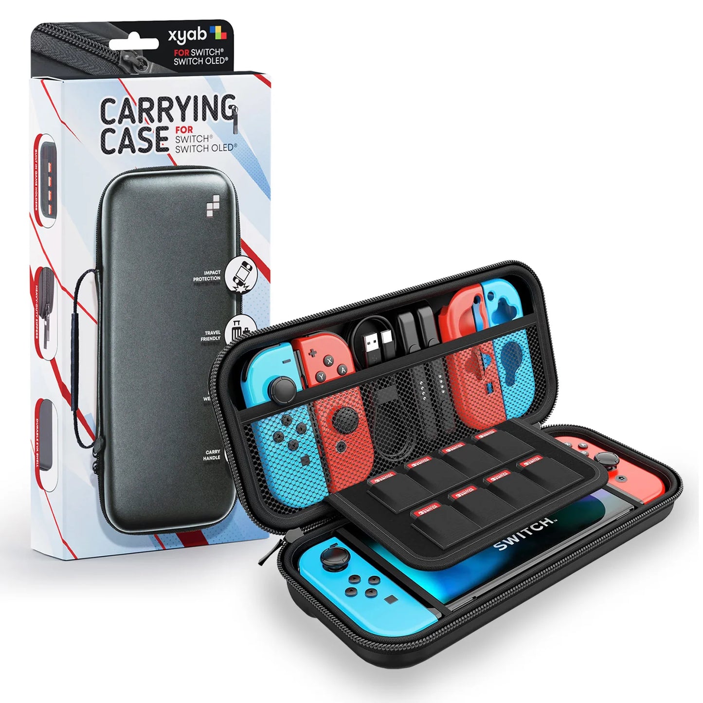 Nintendo Switch hard shell carrying case open with game slots and accessory storage shockproof travel case